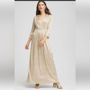 NWT retail $170 size 0 CHICO’s Gold Metallic V-Neck Long Sleeve Maxi Dress